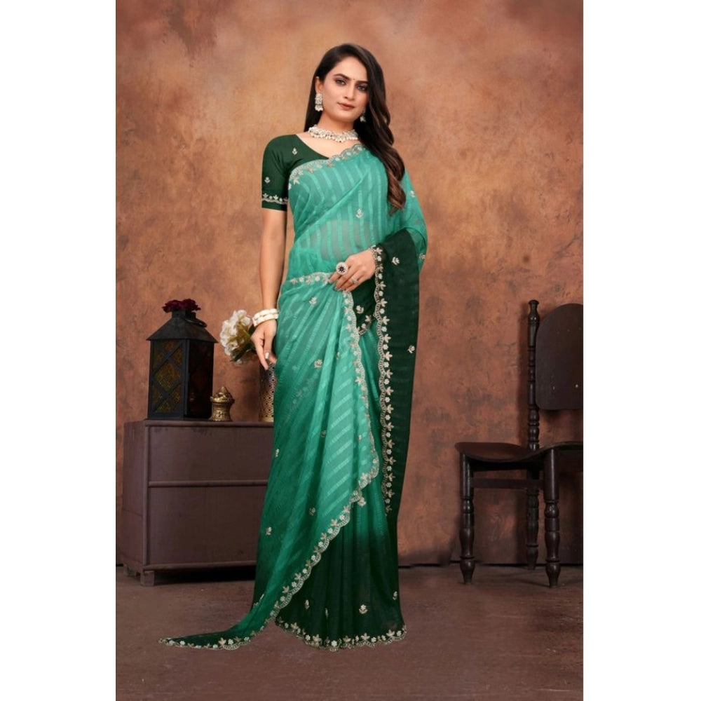 Generic Women's Chiffon Embroidred Saree With Unstitched Blouse 5.5Mtr (Dark Green)