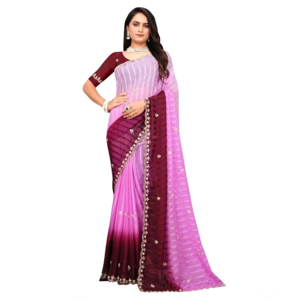 Generic Women's Chiffon Embroidred Saree With Unstitched Blouse 5.5Mtr (Pink)