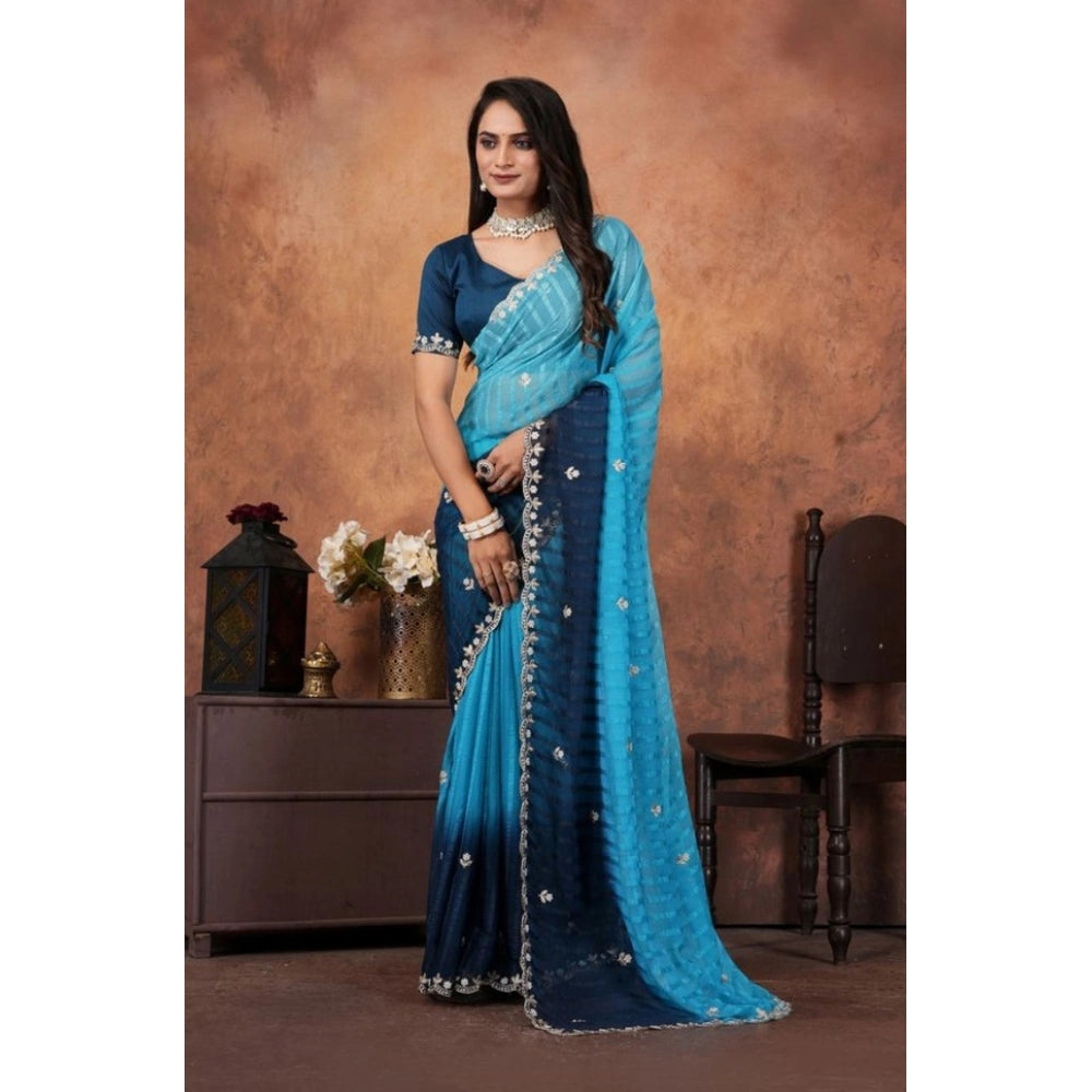 Generic Women's Chiffon Embroidred Saree With Unstitched Blouse 5.5Mtr (Light Blue)