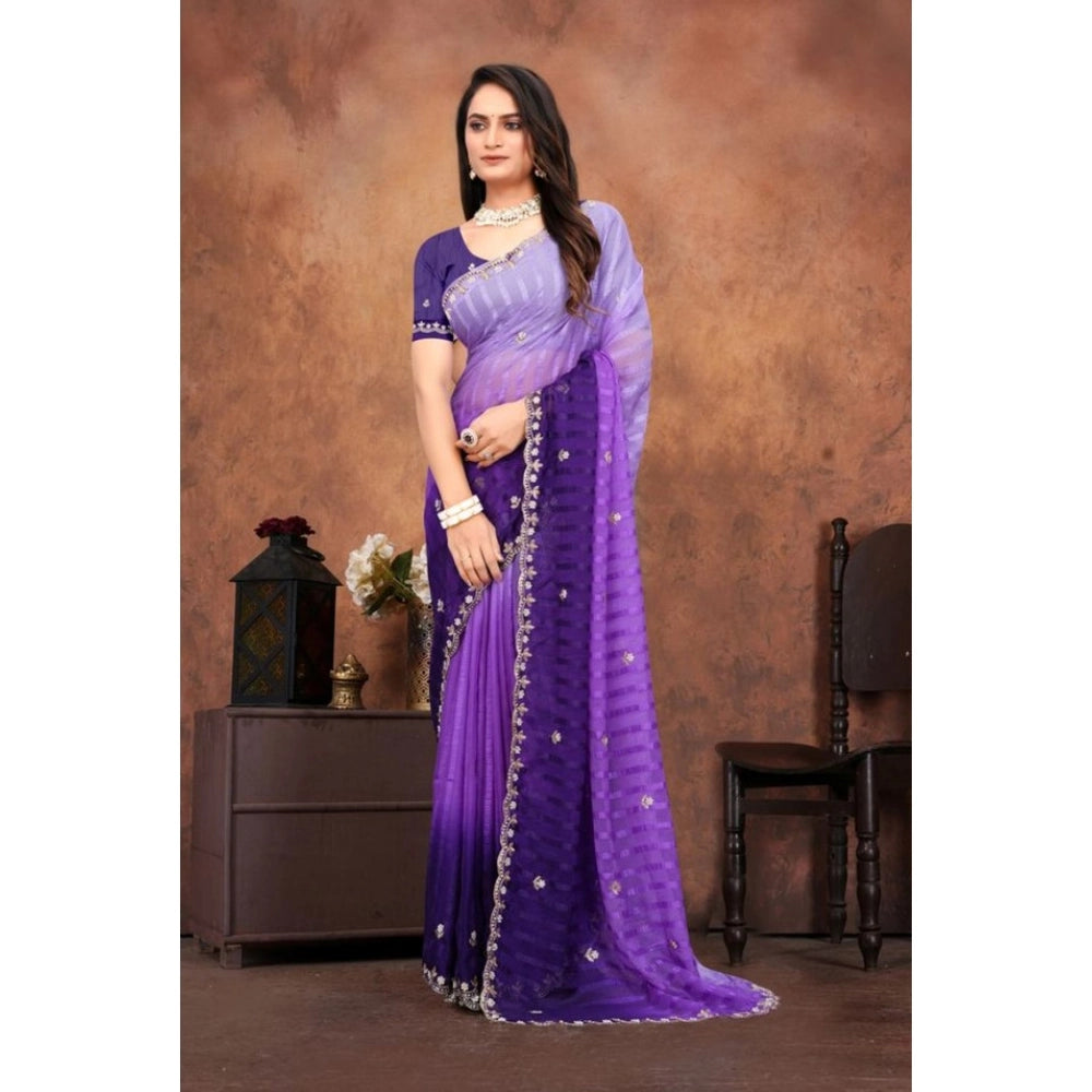 Generic Women's Chiffon Embroidred Saree With Unstitched Blouse 5.5Mtr (Purple)