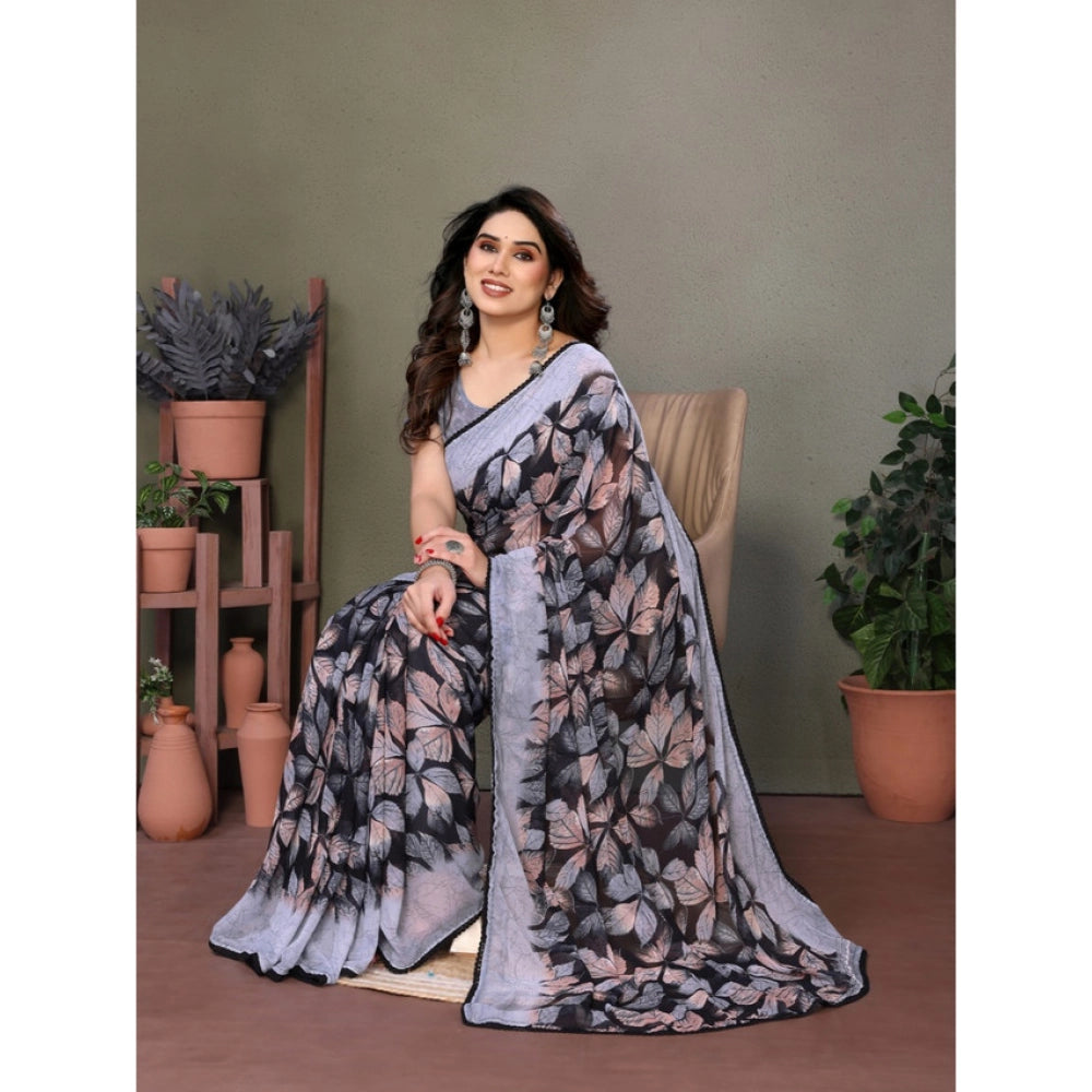 Generic Women's Chiffon Printed Saree With Unstitched Blouse 5.5Mtr (Grey)