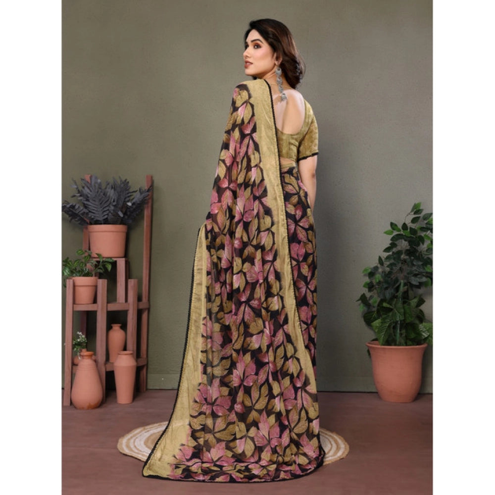 Generic Women's Chiffon Printed Saree With Unstitched Blouse 5.5Mtr (Beige)