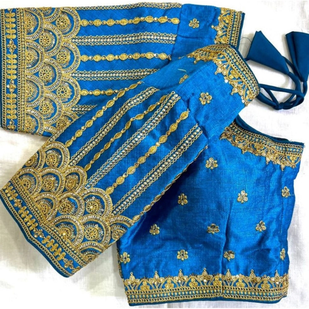 Generic Women's Phantom Silk Embroidered Designer Neck Padded Blouse (Blue 38 Ready (Alterable up to 42)