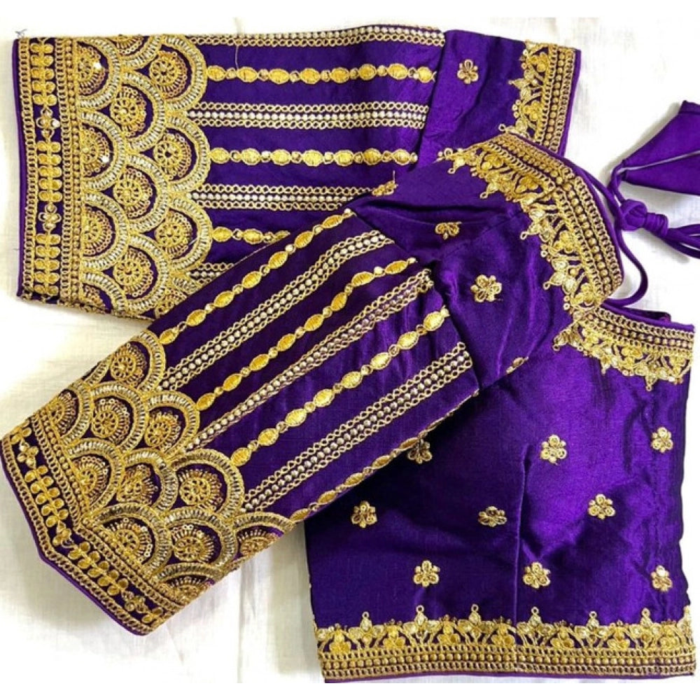 Generic Women's Phantom Silk Embroidered Designer Neck Padded Blouse (Purple 38 Ready (Alterable up to 42)