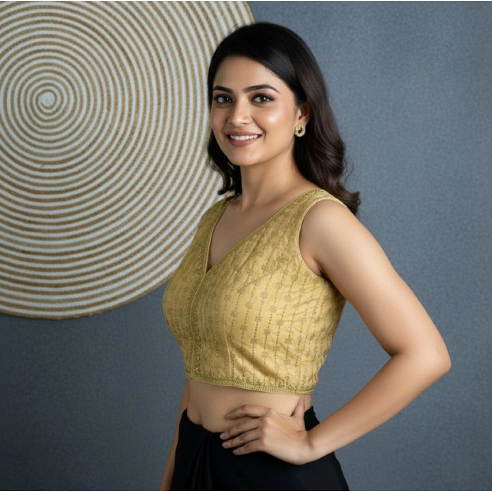 Generic Women's Silk Blend Embroidered V-Neck Non Padded Blouse (Beige 38 Ready (Alterable up to 42)