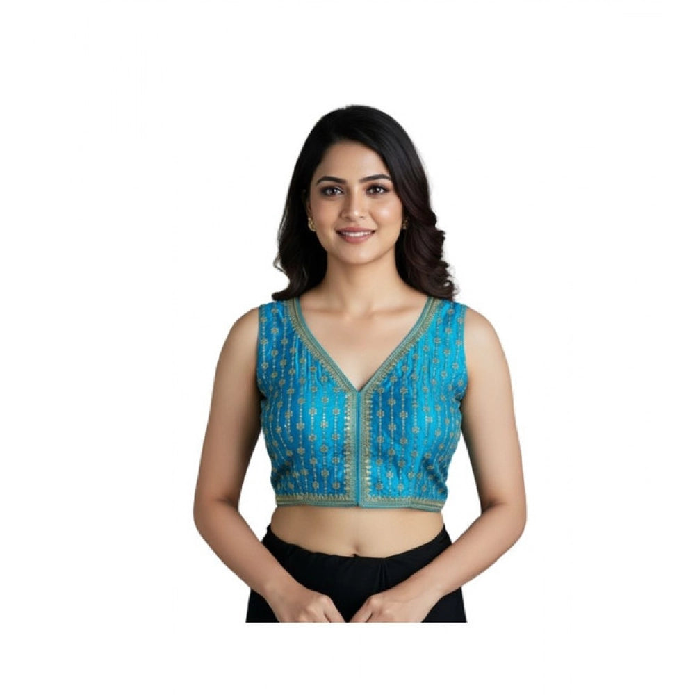 Generic Women's Silk Blend Embroidered V-Neck Non Padded Blouse (Sky 38 Ready (Alterable up to 42)