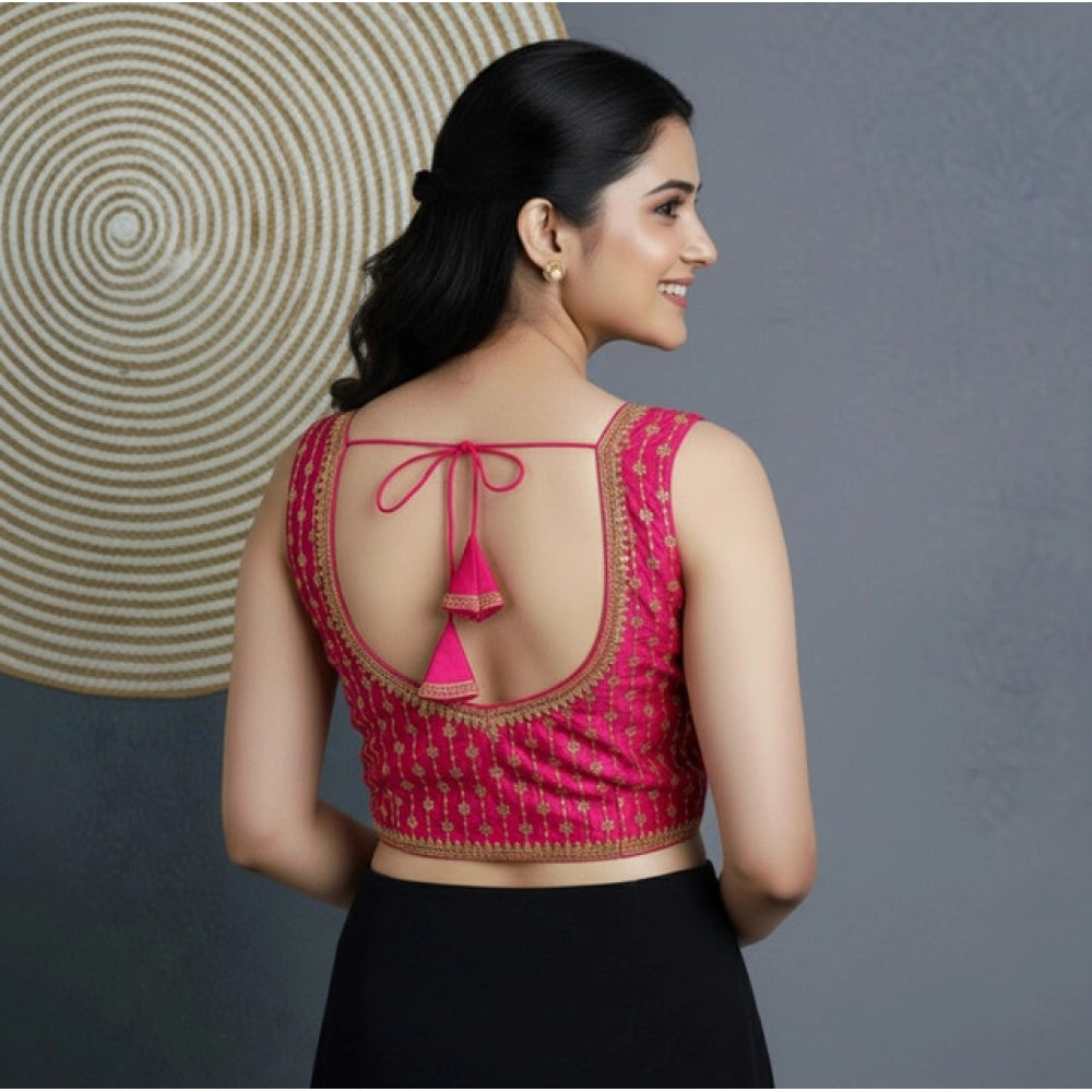 Generic Women's Silk Blend Embroidered V-Neck Non Padded Blouse (Pink 38 Ready (Alterable up to 42)