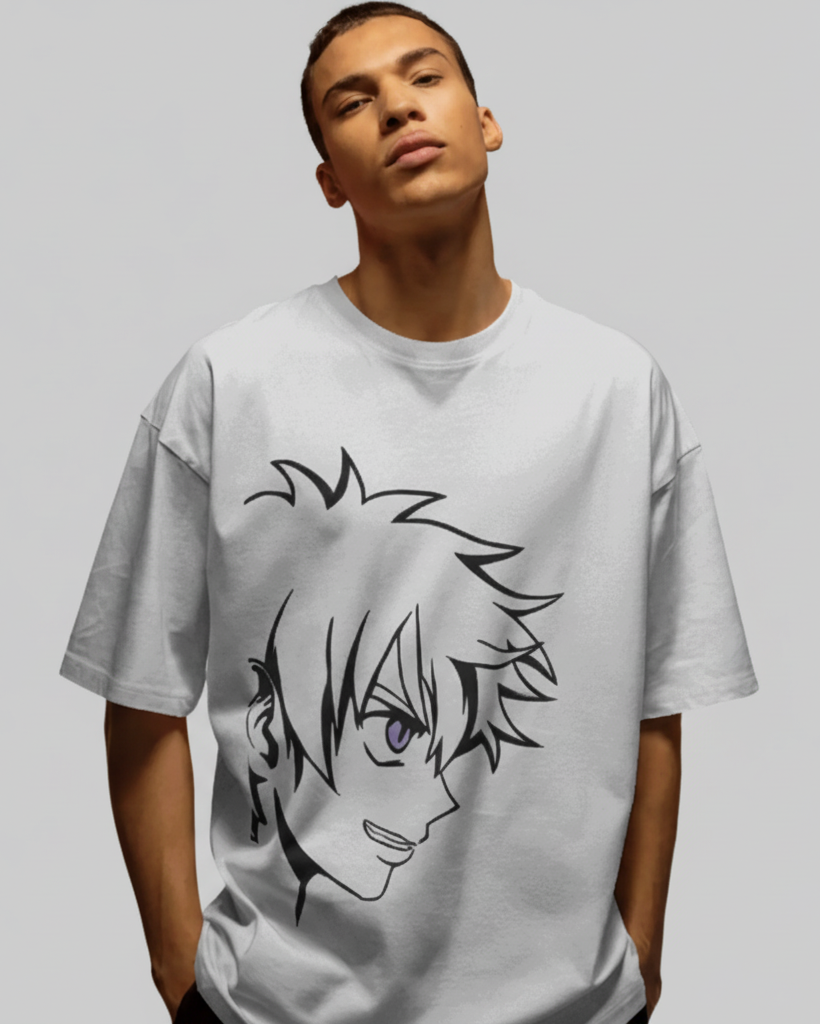 Person wearing a white t-shirt with a black graphic design on a pink and orange gradient background