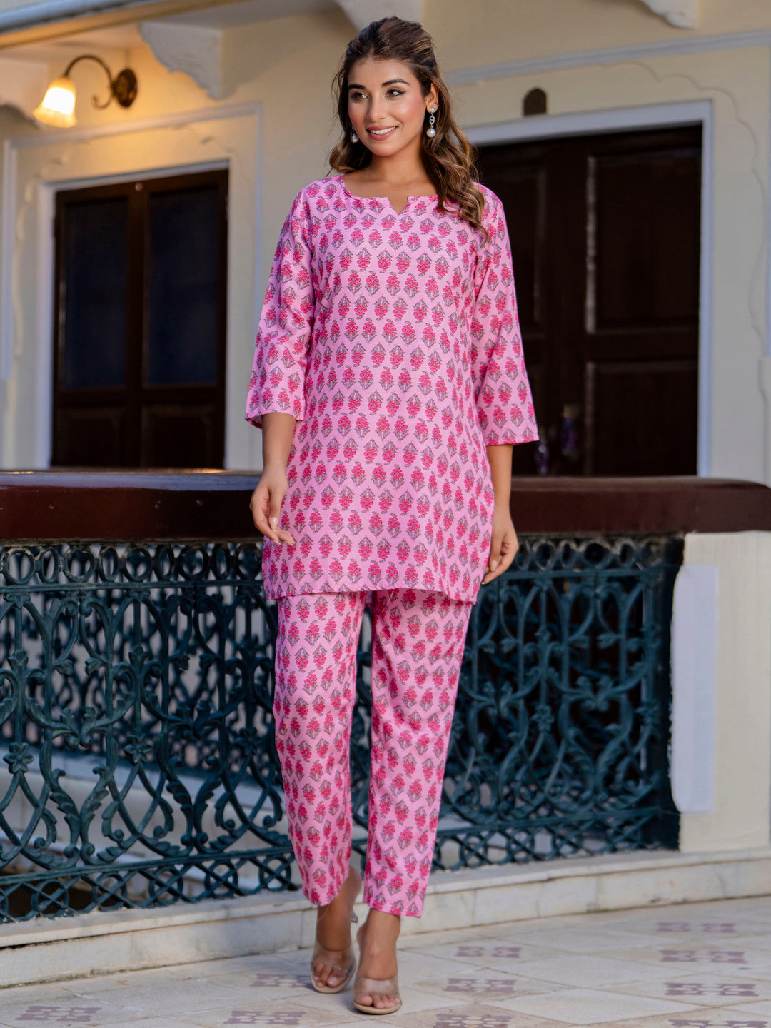 Pink Cotton Blend Kurti Set