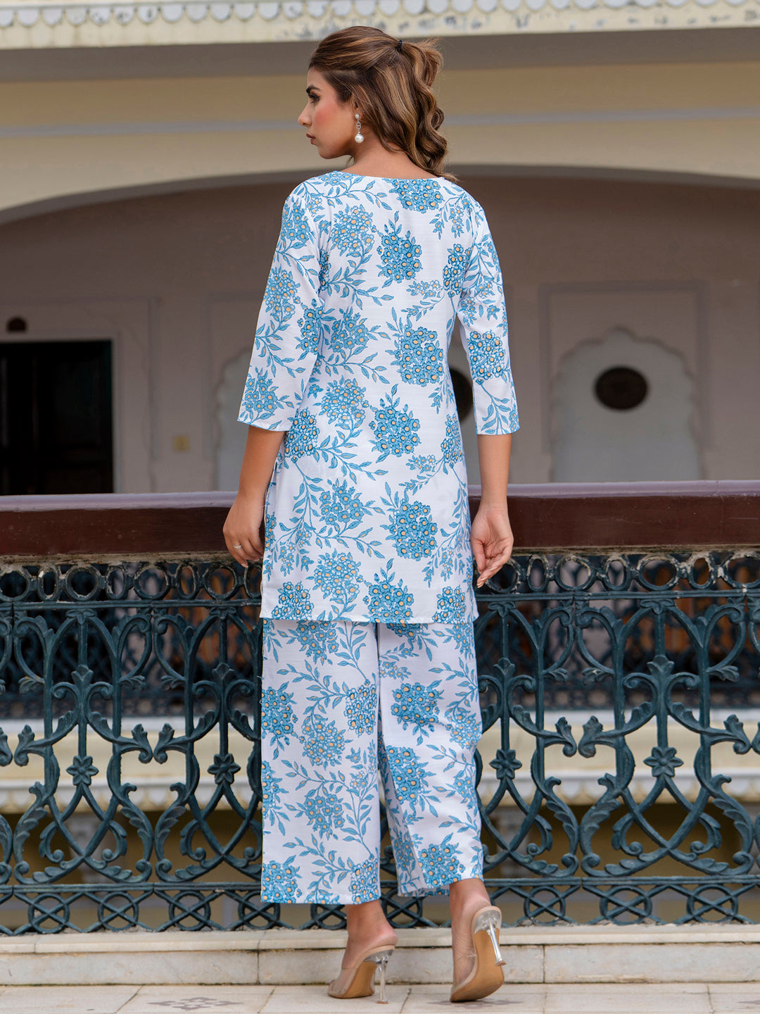 Sky Blue Cotton Blend Kurti Set