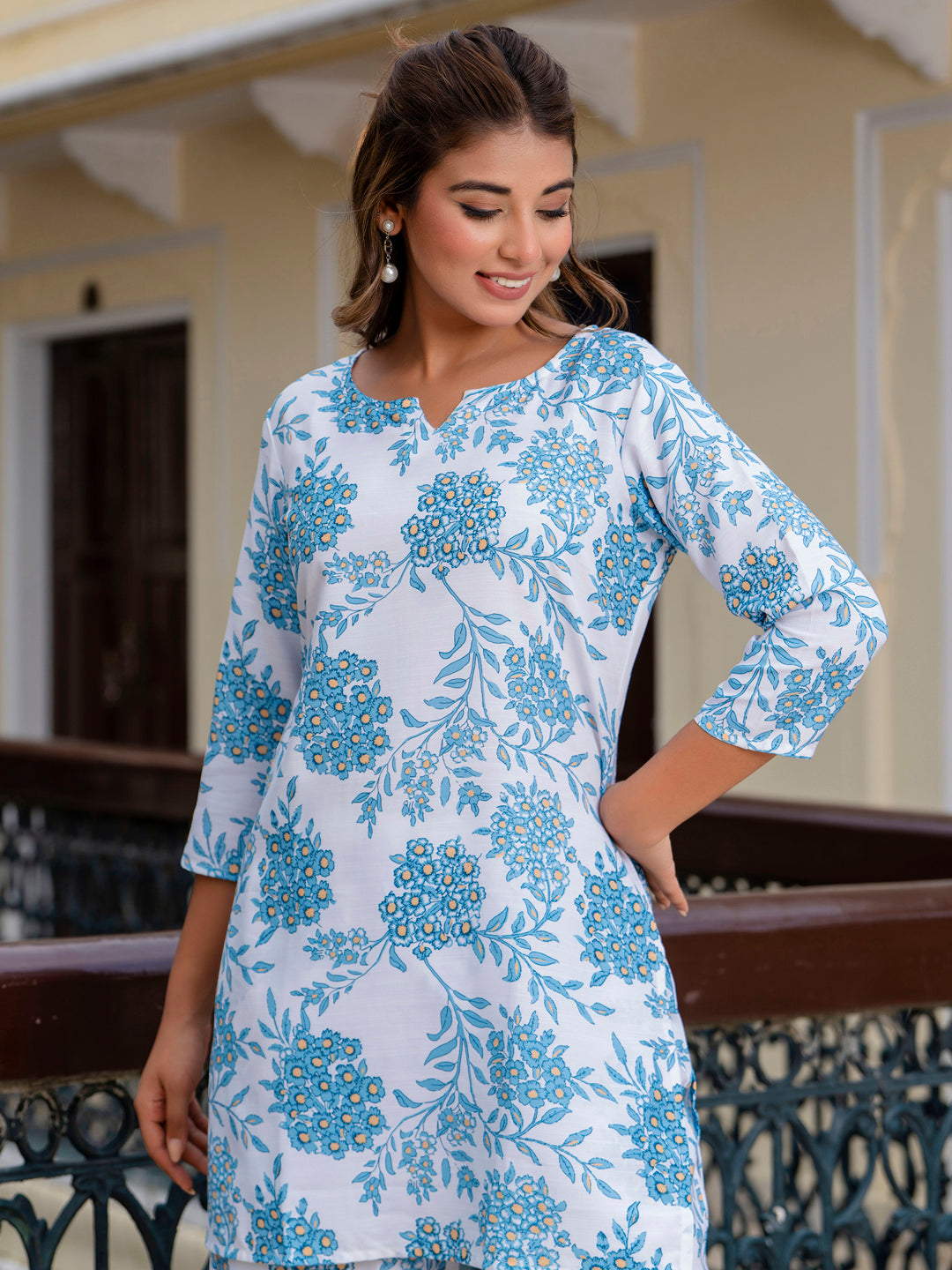 Sky Blue Cotton Blend Kurti Set