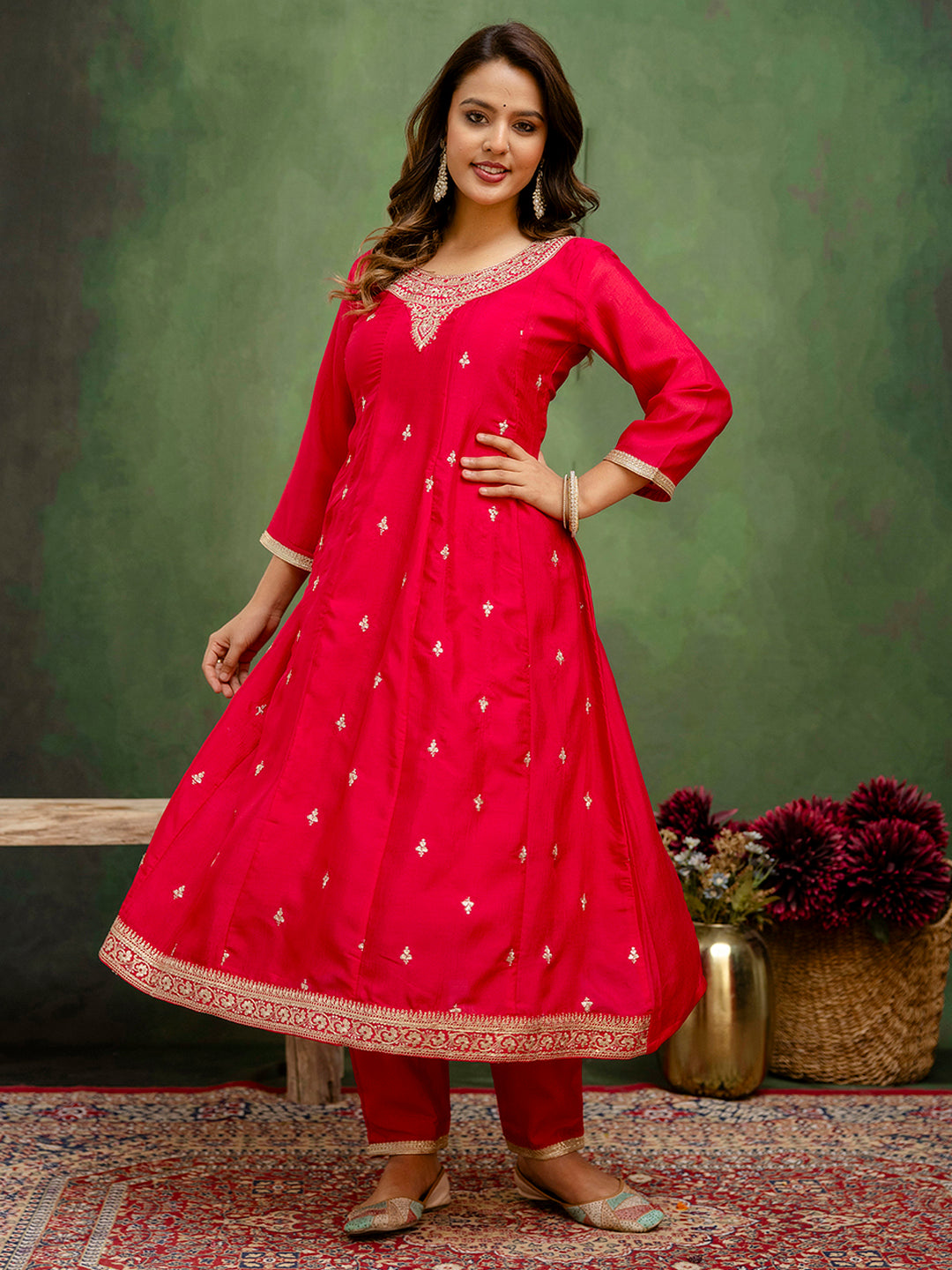 Tanmayi Elegant Rani Anarkali Kurta Set – Silk Blend with Embroidered Dupatta