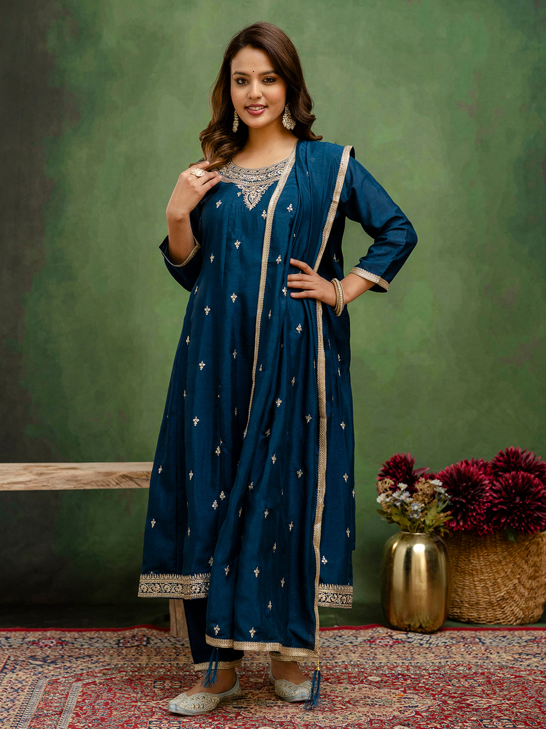 Mohini Stylish Teal Anarkali Kurta Set – Silk Blend with Embroidered Dupatta