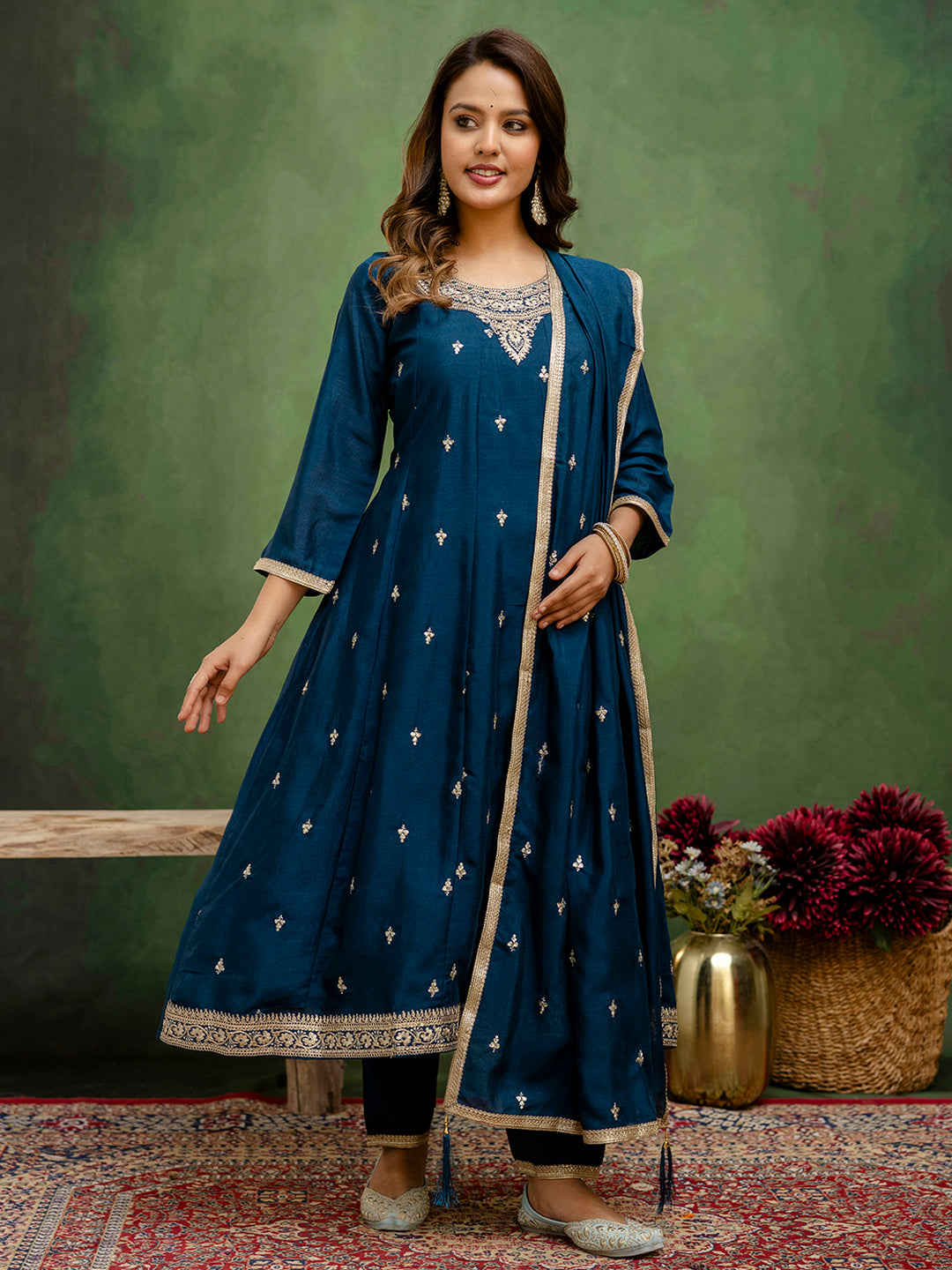 Mohini Stylish Teal Anarkali Kurta Set – Silk Blend with Embroidered Dupatta