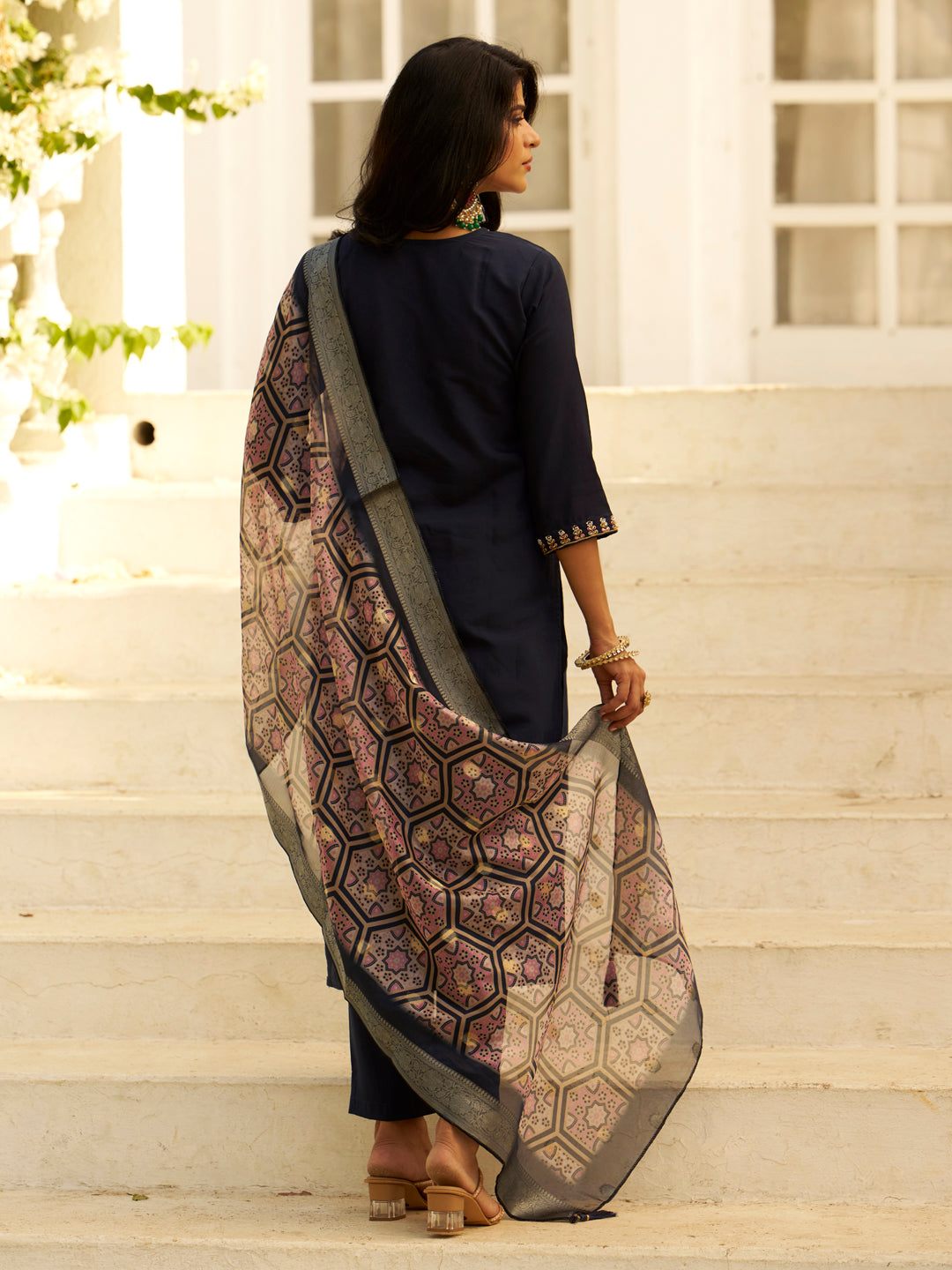 Abhiprithi Blue Straight Kurta Set – Silk Blend with Beaded Embroidery &amp; Organza Dupatta