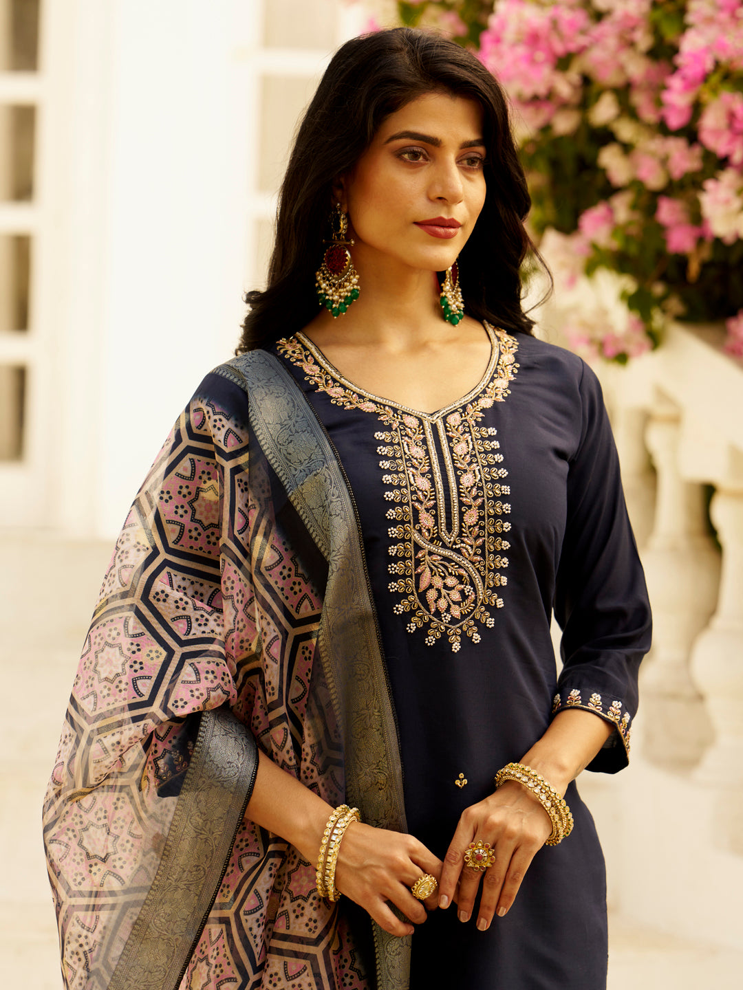Abhiprithi Blue Straight Kurta Set – Silk Blend with Beaded Embroidery & Organza Dupatta
