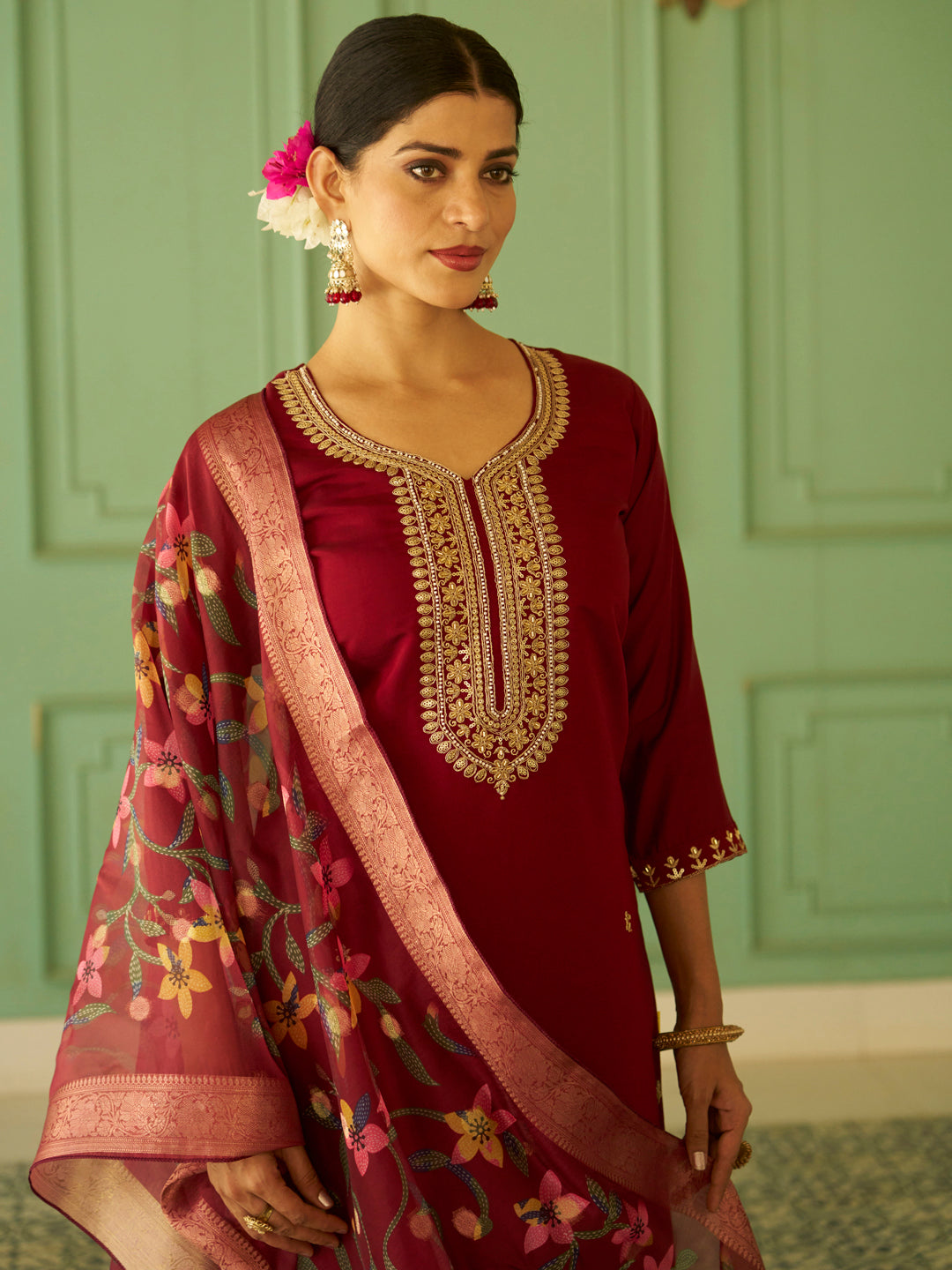 Bhuvika Beads Maroon Women Straight Kurta Set with Organza Dupatta