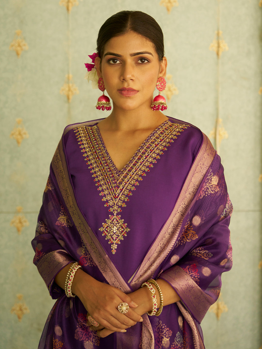 Apeksha Elegant Purple Straight Kurta Set – Silk Blend with Beaded Embroidery &amp; Organza Dupatta