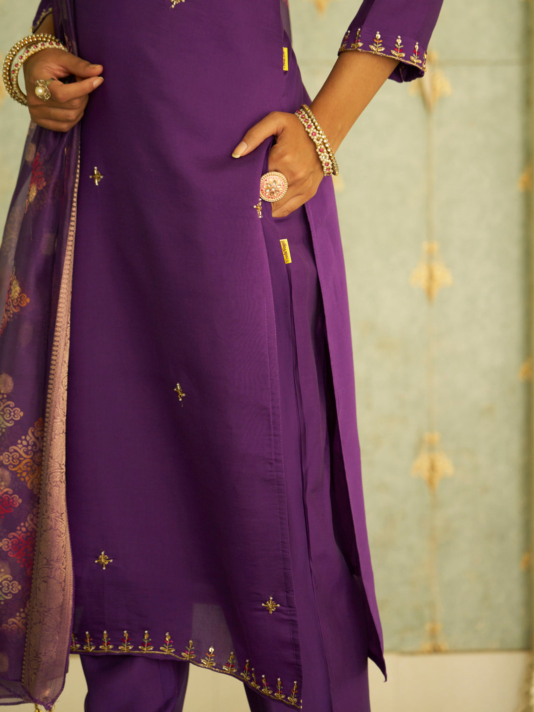Apeksha Elegant Purple Straight Kurta Set – Silk Blend with Beaded Embroidery &amp; Organza Dupatta