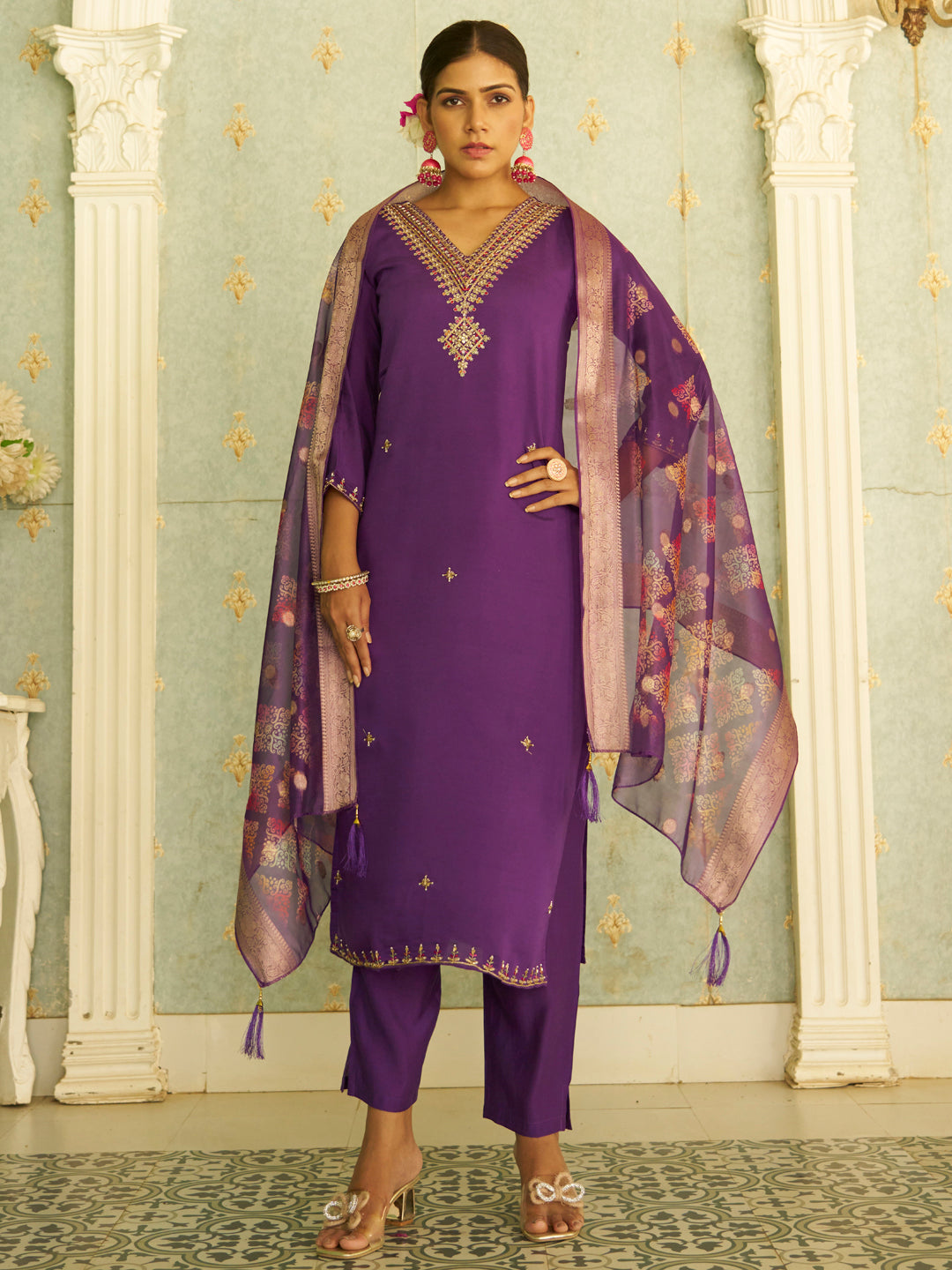 Apeksha Elegant Purple Straight Kurta Set – Silk Blend with Beaded Embroidery &amp; Organza Dupatta