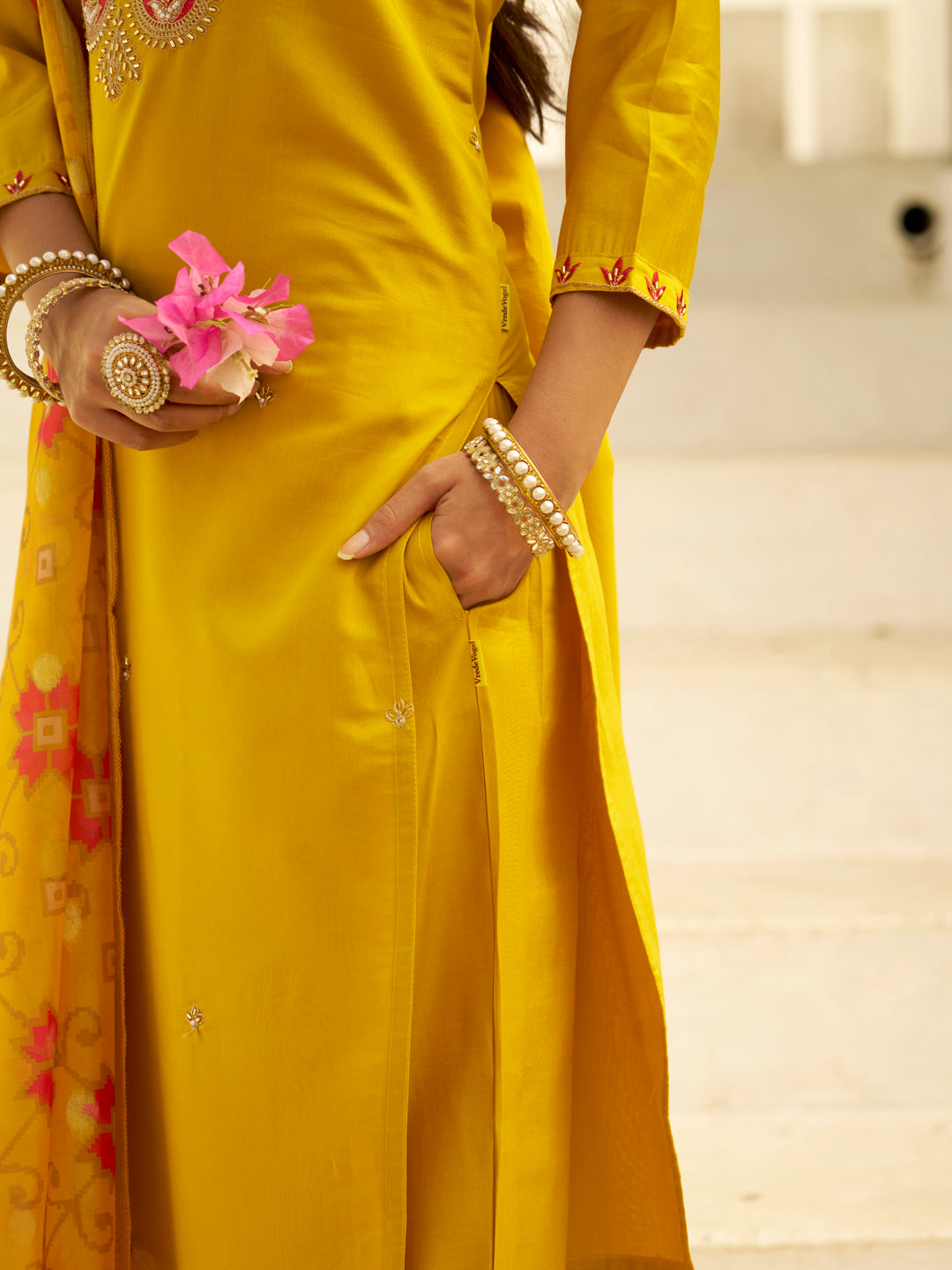 Akshara Yellow Straight Kurta Set – Silk Blend with Beaded Embroidery &amp; Organza Dupatta