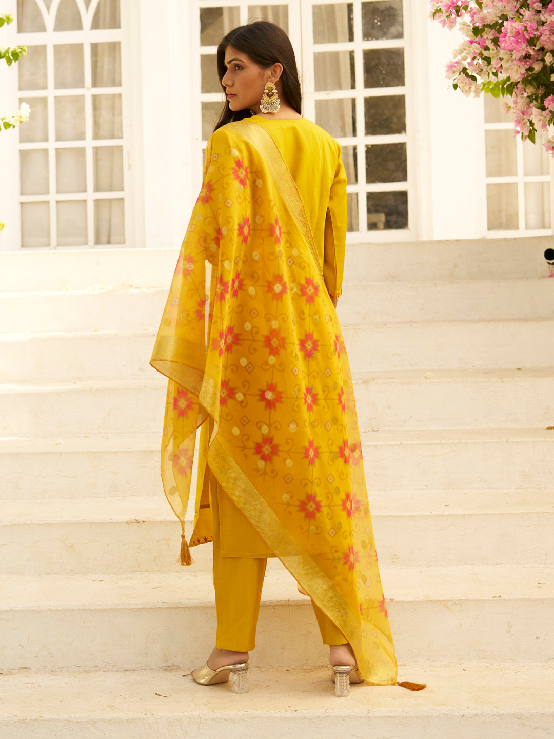 Akshara Yellow Straight Kurta Set – Silk Blend with Beaded Embroidery &amp; Organza Dupatta