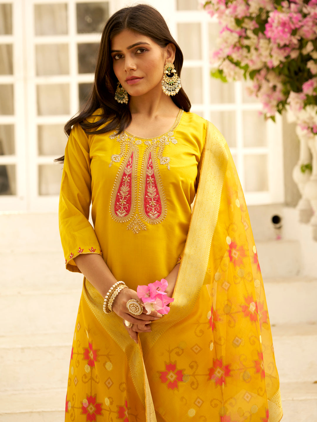 Akshara Yellow Straight Kurta Set – Silk Blend with Beaded Embroidery &amp; Organza Dupatta