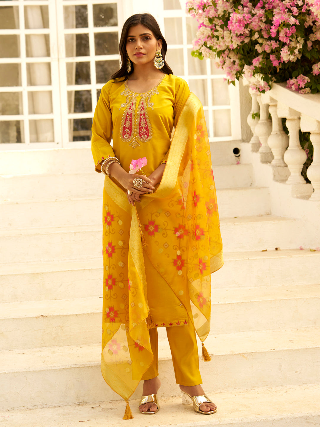 Akshara Yellow Straight Kurta Set – Silk Blend with Beaded Embroidery & Organza Dupatta