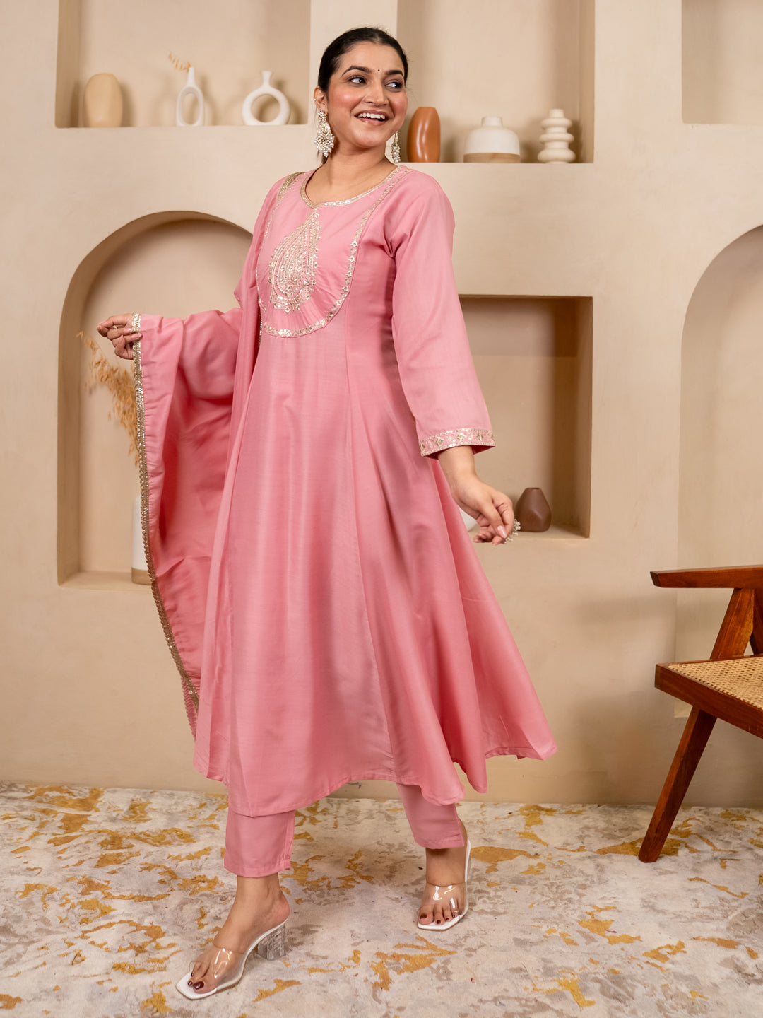 Zoya Pink Flared Anarkali Kurta Set – Silk Blend with Lace Border Dupatta