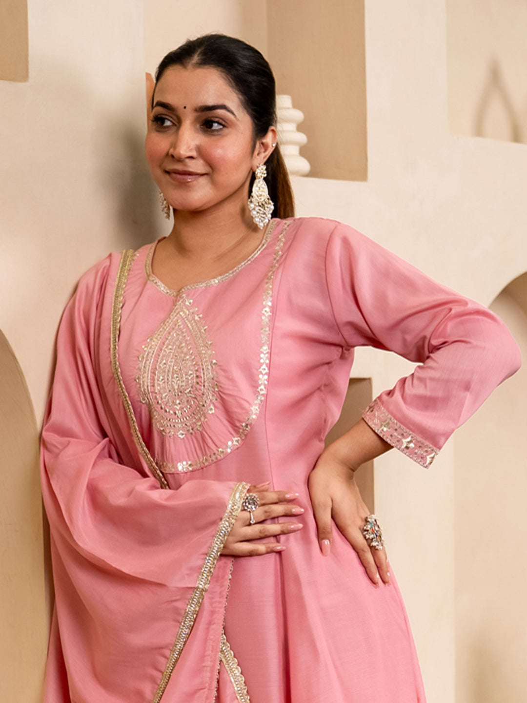 Zoya Pink Flared Anarkali Kurta Set – Silk Blend with Lace Border Dupatta