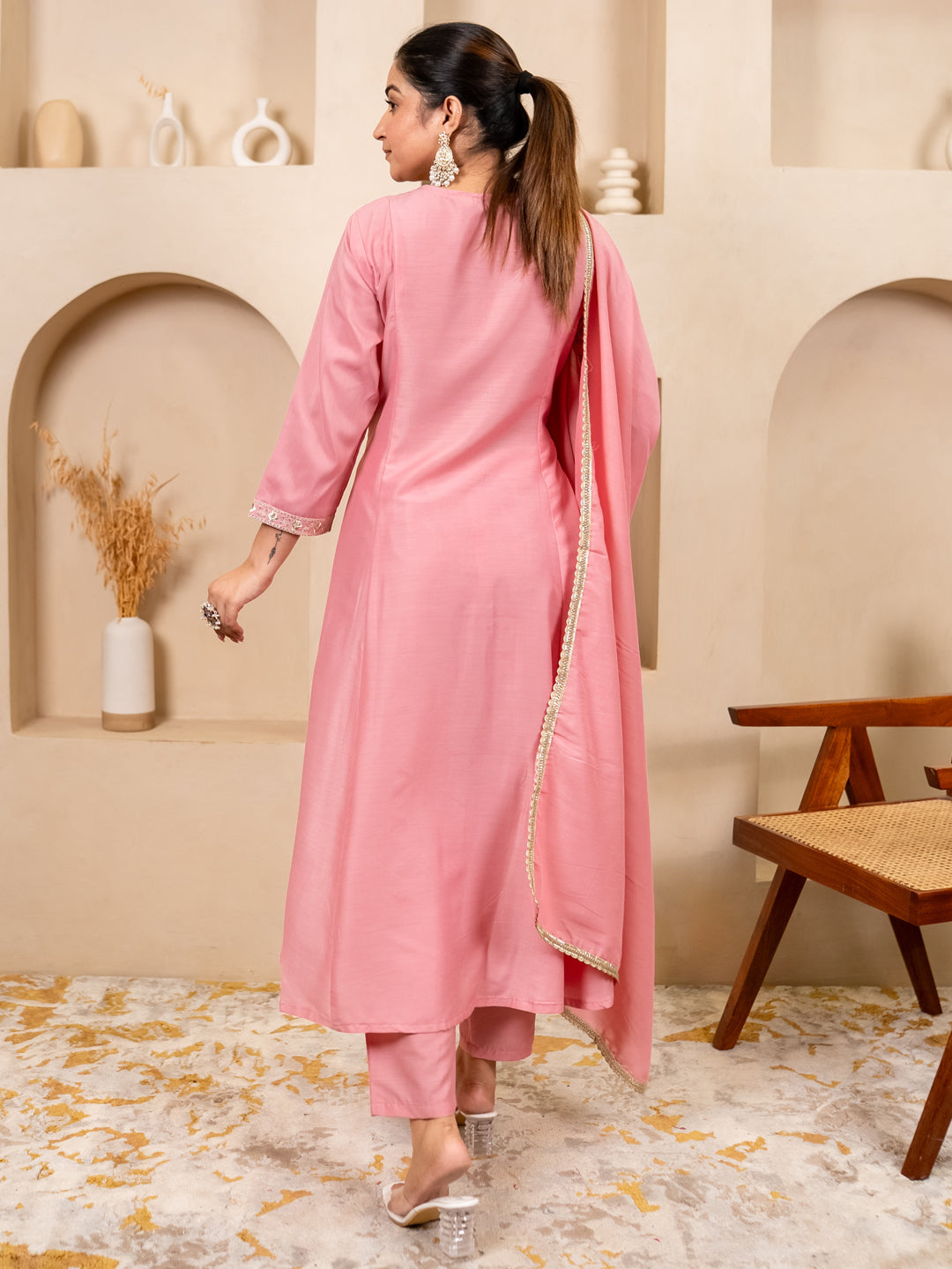 Zoya Pink Flared Anarkali Kurta Set – Silk Blend with Lace Border Dupatta