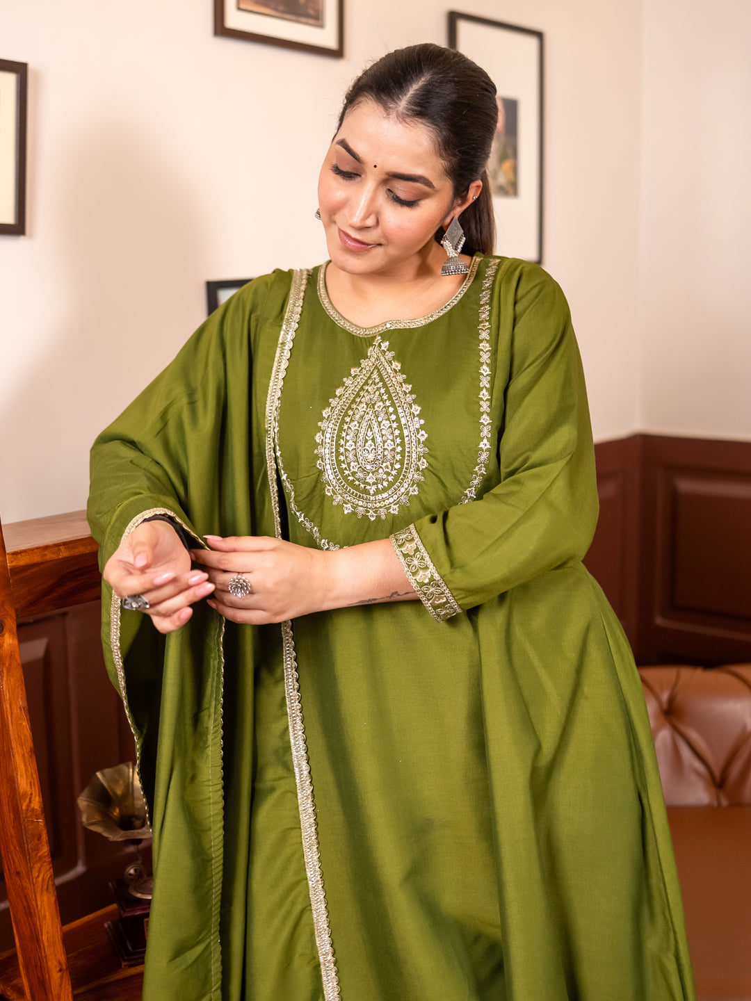 Shailaja Mehndi Flared Anarkali Kurta Set – Silk Blend with Lace Border Dupatta