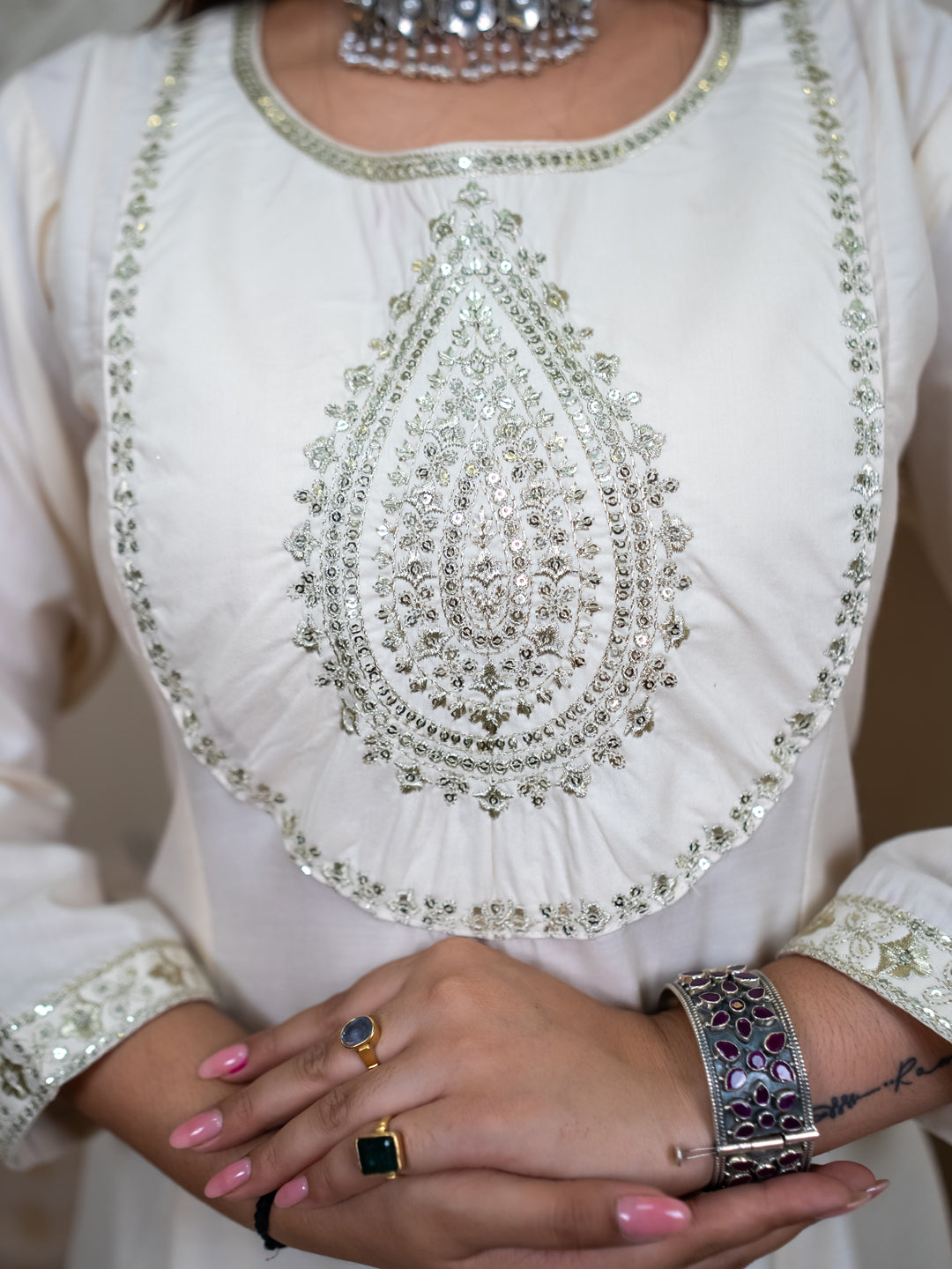 Sharvani White Flared Anarkali Kurta Set – Silk Blend with Lace Border Dupatta