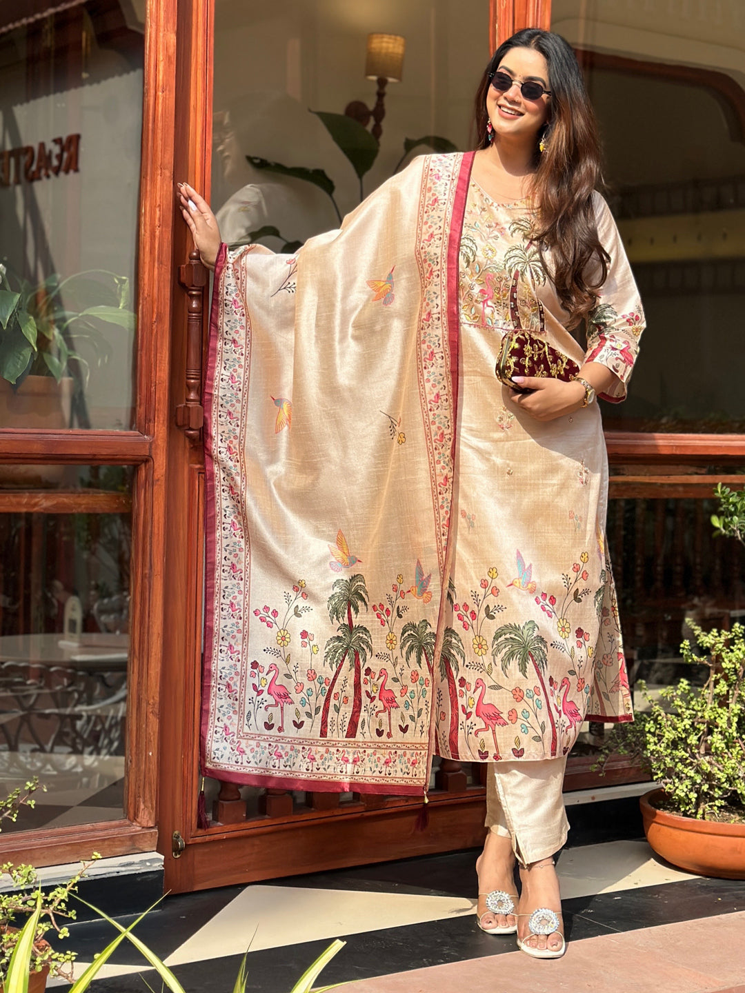 Shivani Floral Cream Straight Kurta Set – Assam Silk with Handwork &amp; Printed Dupatta