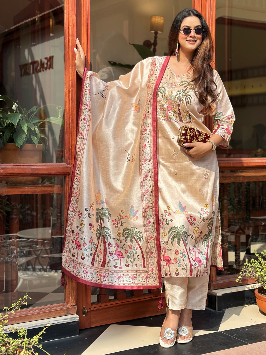 Shivani Floral Cream Straight Kurta Set – Assam Silk with Handwork &amp; Printed Dupatta