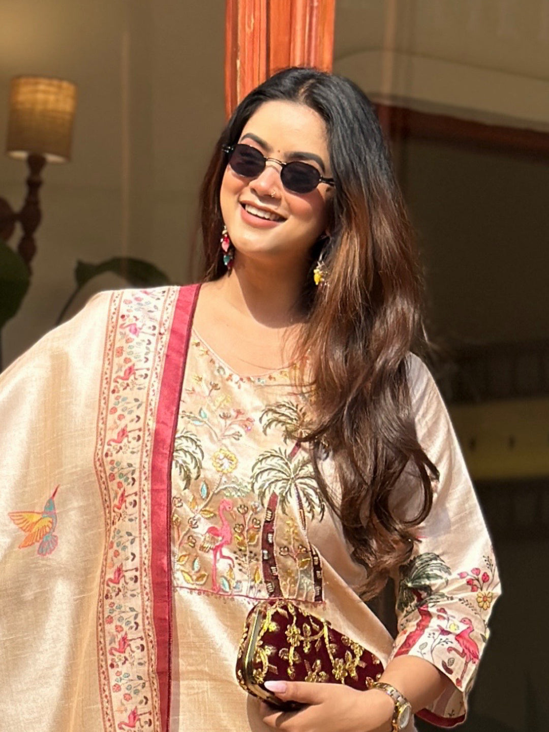 Shivani Floral Cream Straight Kurta Set – Assam Silk with Handwork &amp; Printed Dupatta