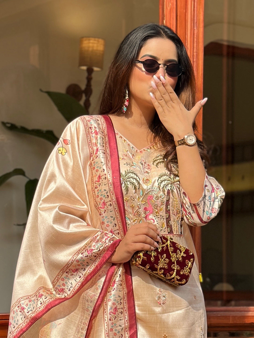 Shivani Floral Cream Straight Kurta Set – Assam Silk with Handwork &amp; Printed Dupatta