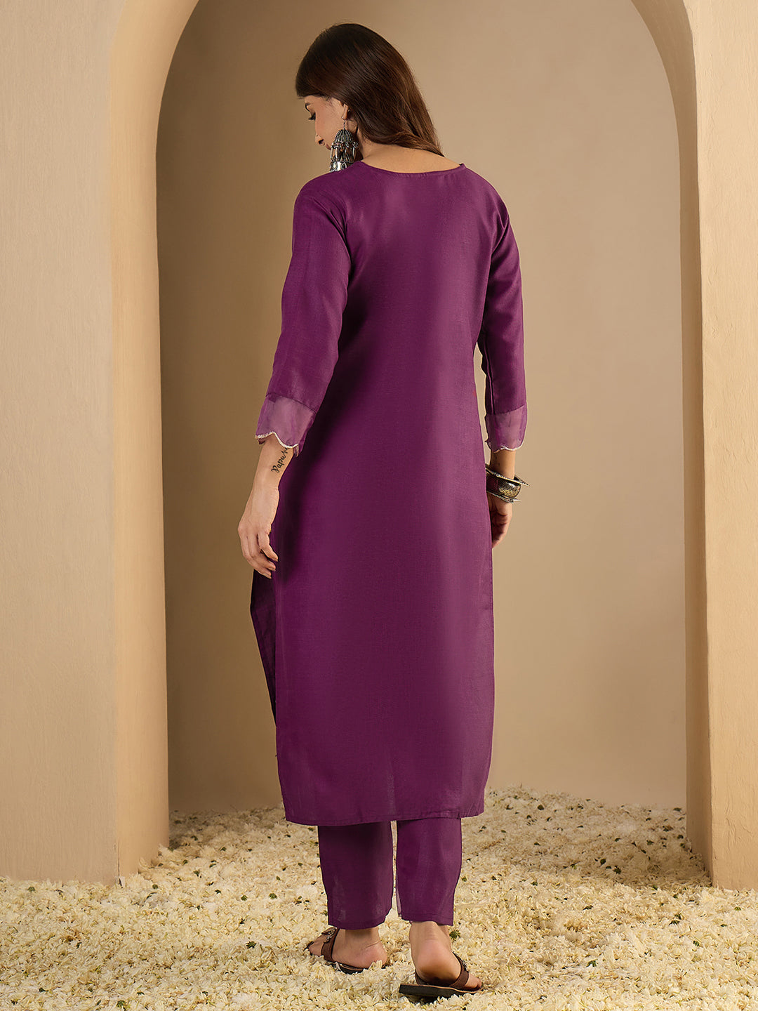 Purple Women Cotton Blend Straight Kurta Pant Set