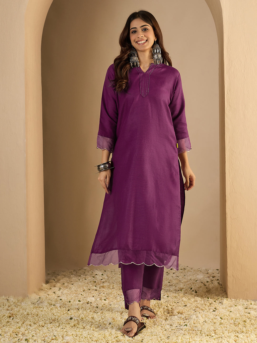 Purple Women Cotton Blend Straight Kurta Pant Set