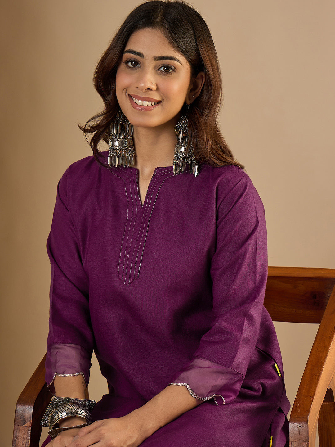 Purple Women Cotton Blend Straight Kurta Pant Set
