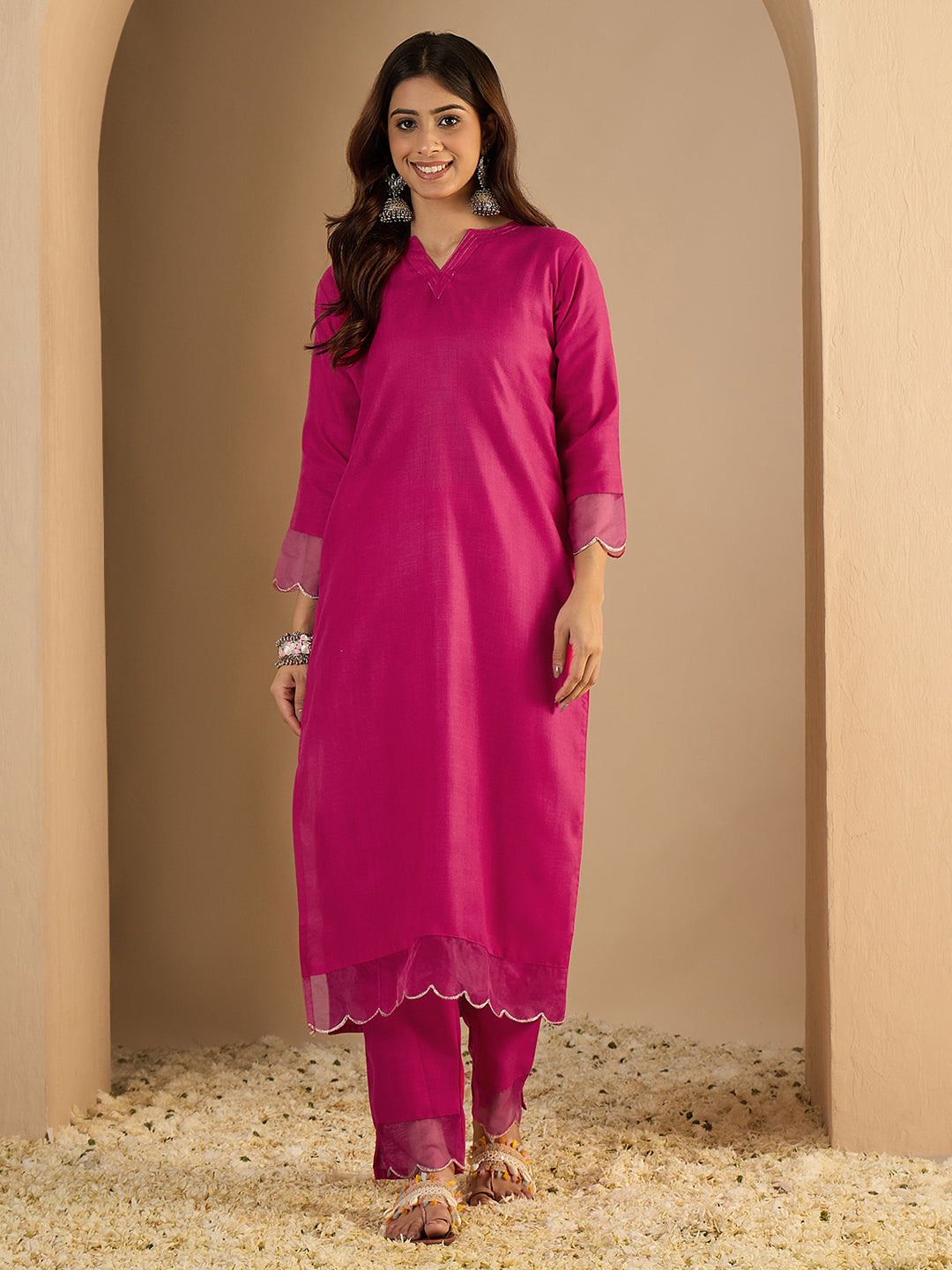 Rani Pink Women Cotton Blend Straight Kurta Pant Set