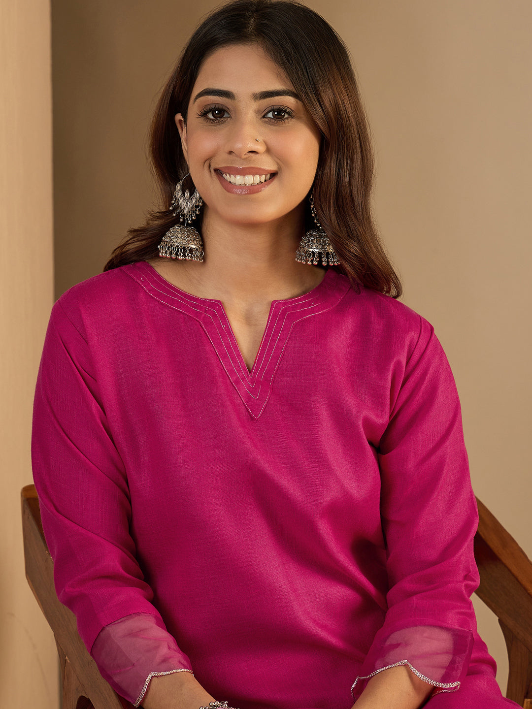 Rani Pink Women Cotton Blend Straight Kurta Pant Set