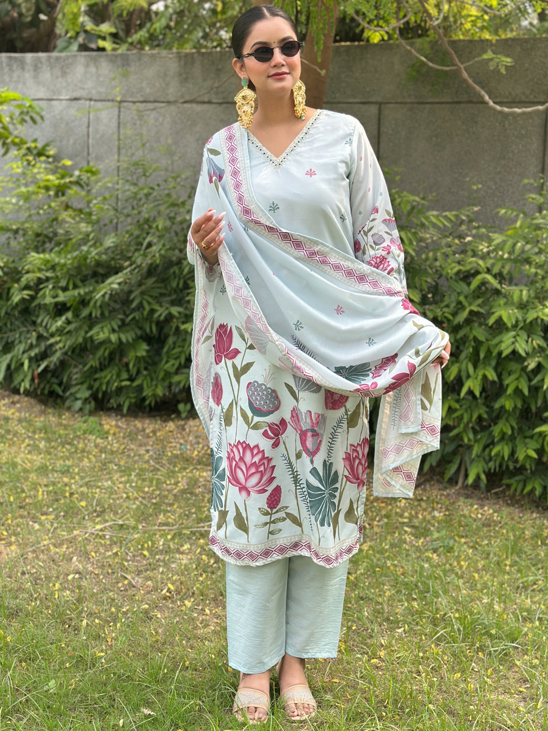 Mist Sky Blue Straight Kurta Set – Silk Blend with Digital Printed Dupatta