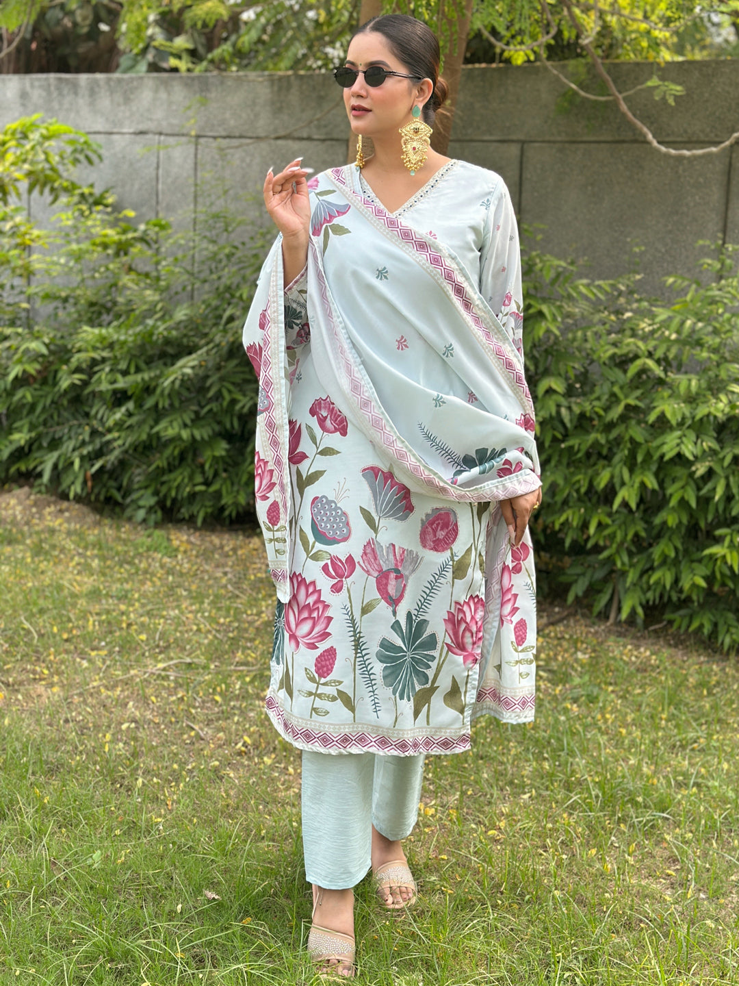 Mist Sky Blue Straight Kurta Set – Silk Blend with Digital Printed Dupatta