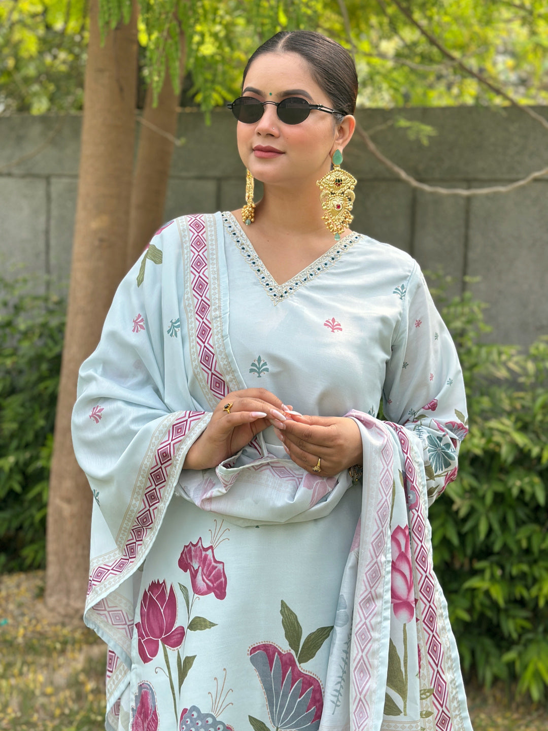 Mist Sky Blue Straight Kurta Set – Silk Blend with Digital Printed Dupatta