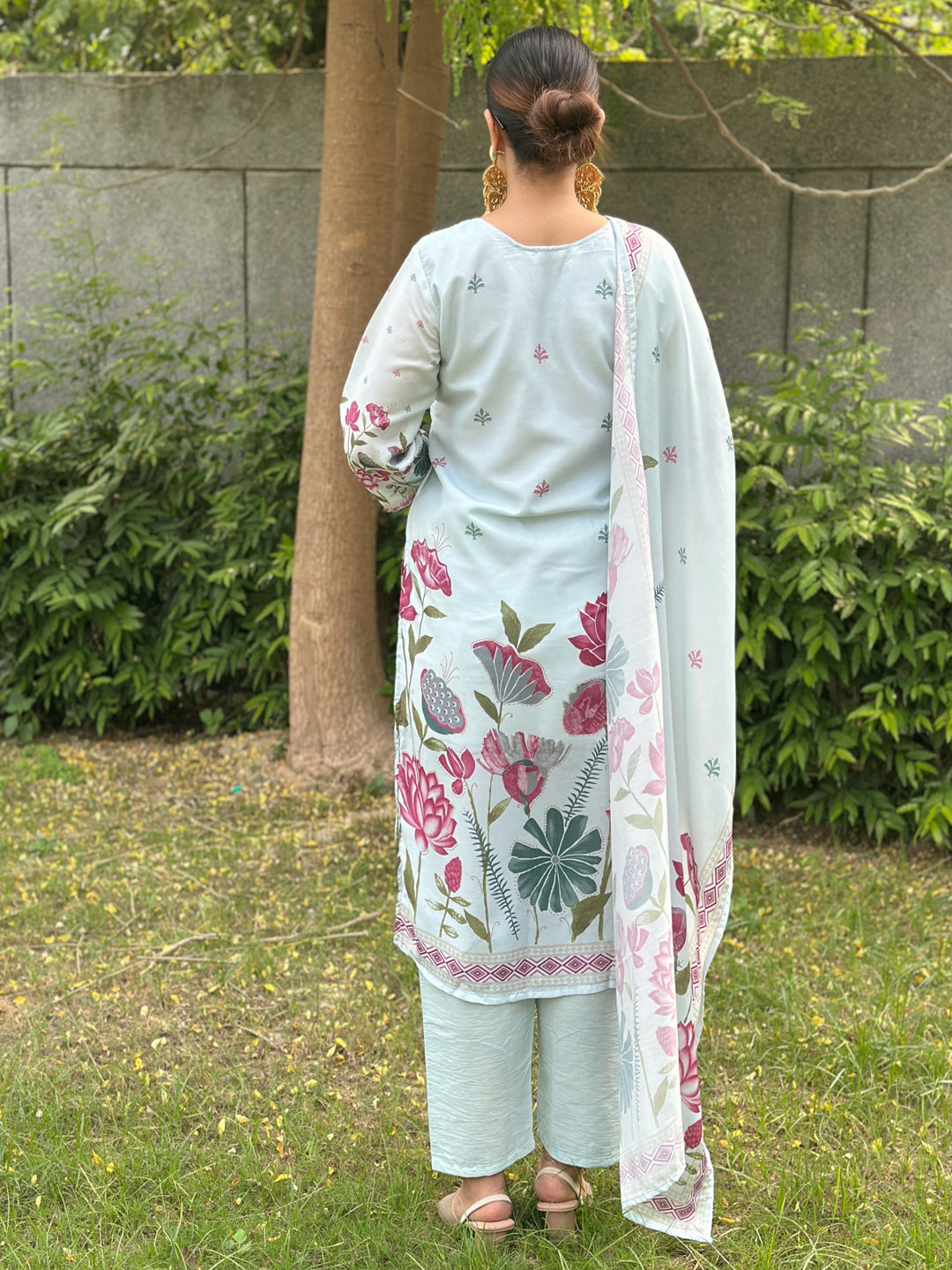 Mist Sky Blue Straight Kurta Set – Silk Blend with Digital Printed Dupatta