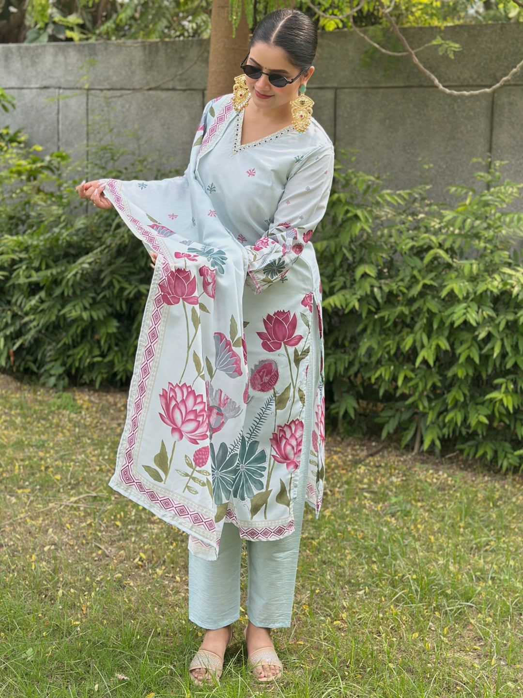 Mist Sky Blue Straight Kurta Set – Silk Blend with Digital Printed Dupatta