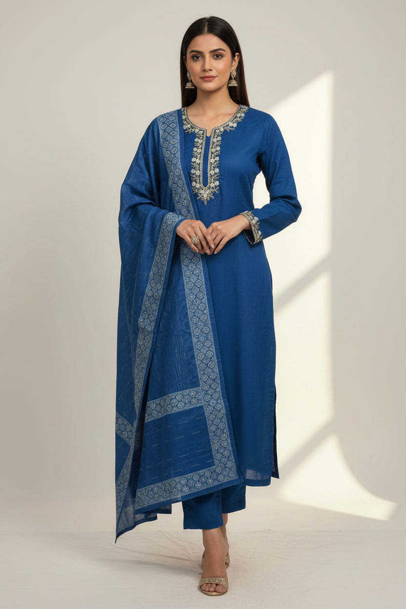 Premium Rayon Slub Embroidered Kurta Set with Jacquard Border Dupatta - 3