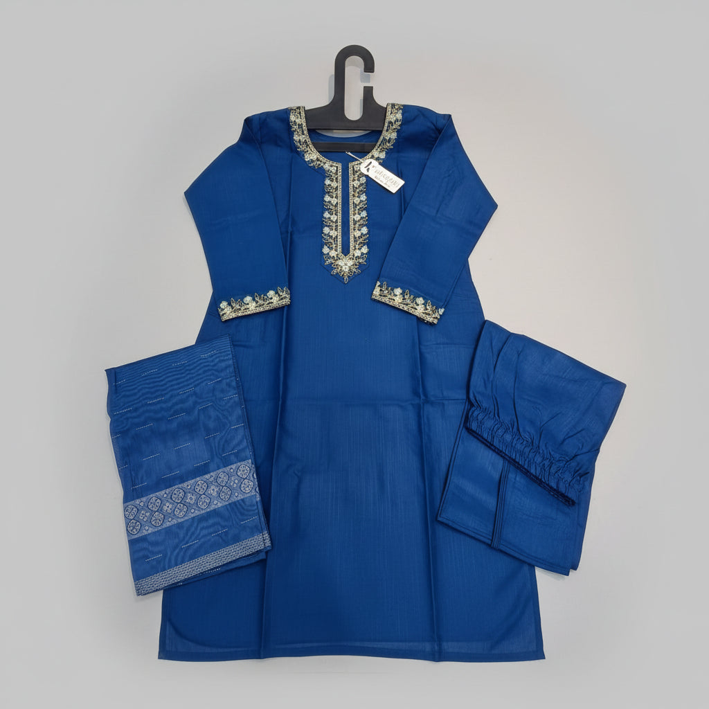 Premium Rayon Slub Embroidered Kurta Set with Jacquard Border Dupatta - 3