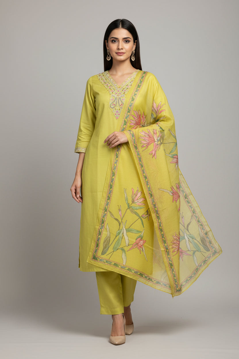 Women’s Rayon Slub Kurta Pant Set with Chanderi Digital Print Dupatta | 3-Piece Ethnic Wear